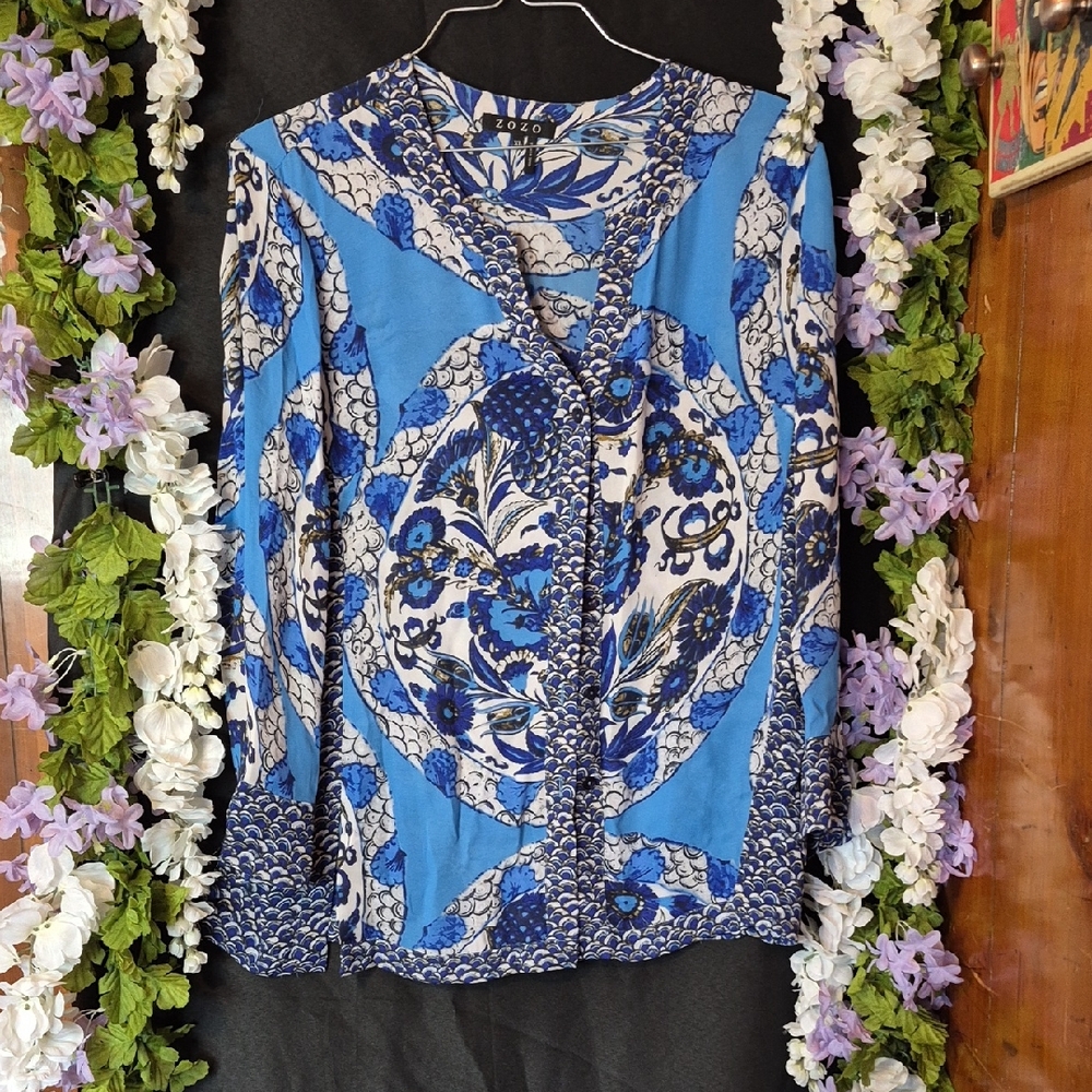 Zozoi Blue Floral-Print Long Sleeve Blouse